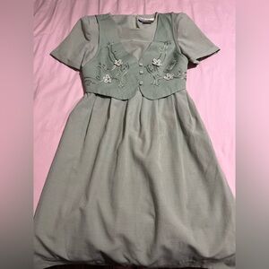 Flower Fairy Green Midi Dress with Vest Floral Details